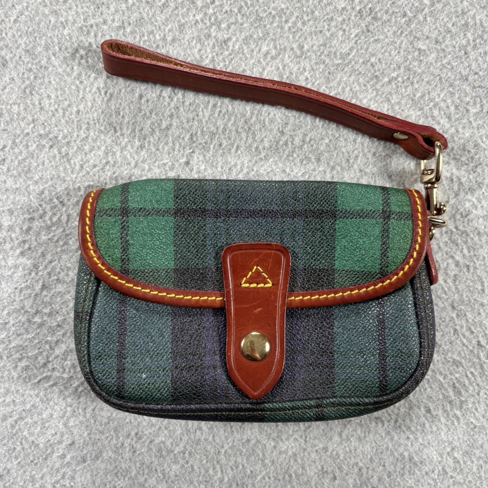 VTG Dooney and Bourke Green Navy Plaid Zip Pouch Clutch Wristlet Wallet Bag USA